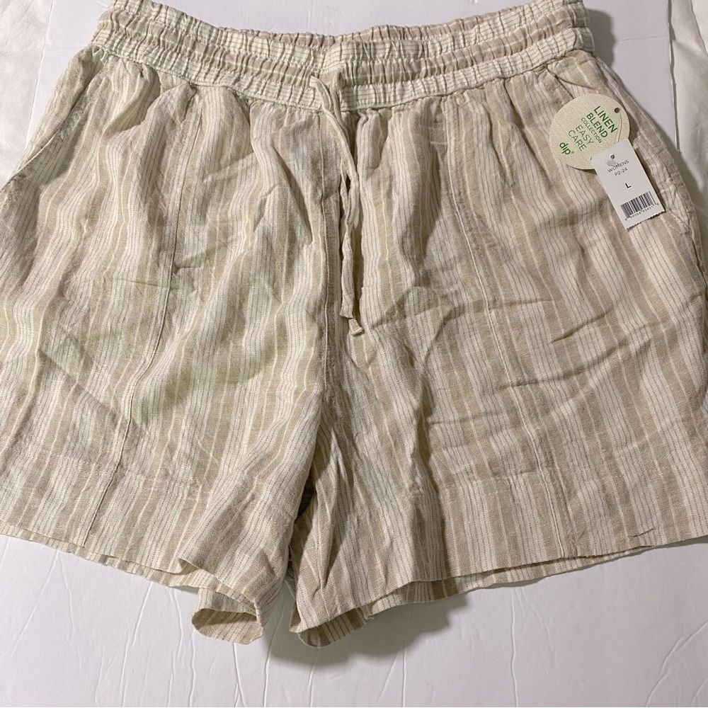 Dip neutral tan stripe pull on drawstring linen blend shorts beachy L NWT